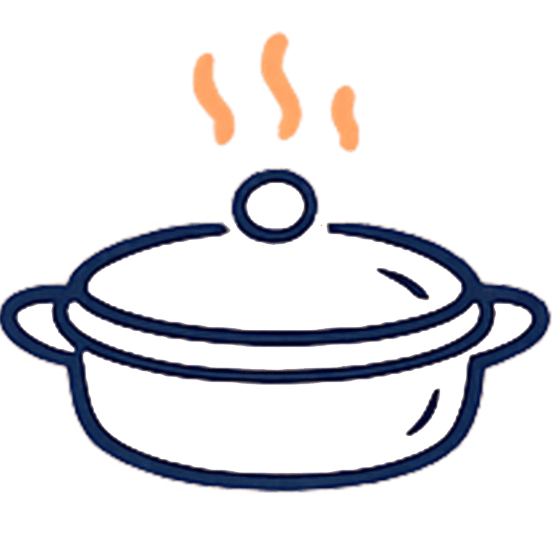 cono minimalista de cazuelica caliente con tapa y vapor, en estilo lineal fino azul marino con detalles naranjas sobre fondo rosa pastel