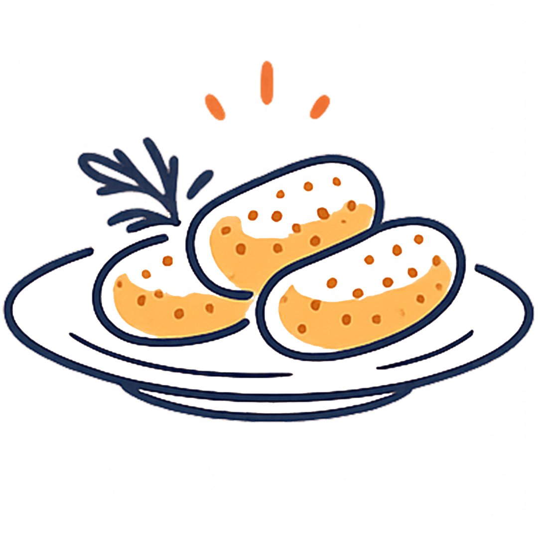 Icono minimalista de croquetas sobre plato, con líneas finas azul marino y detalles naranjas en estilo vectorial.