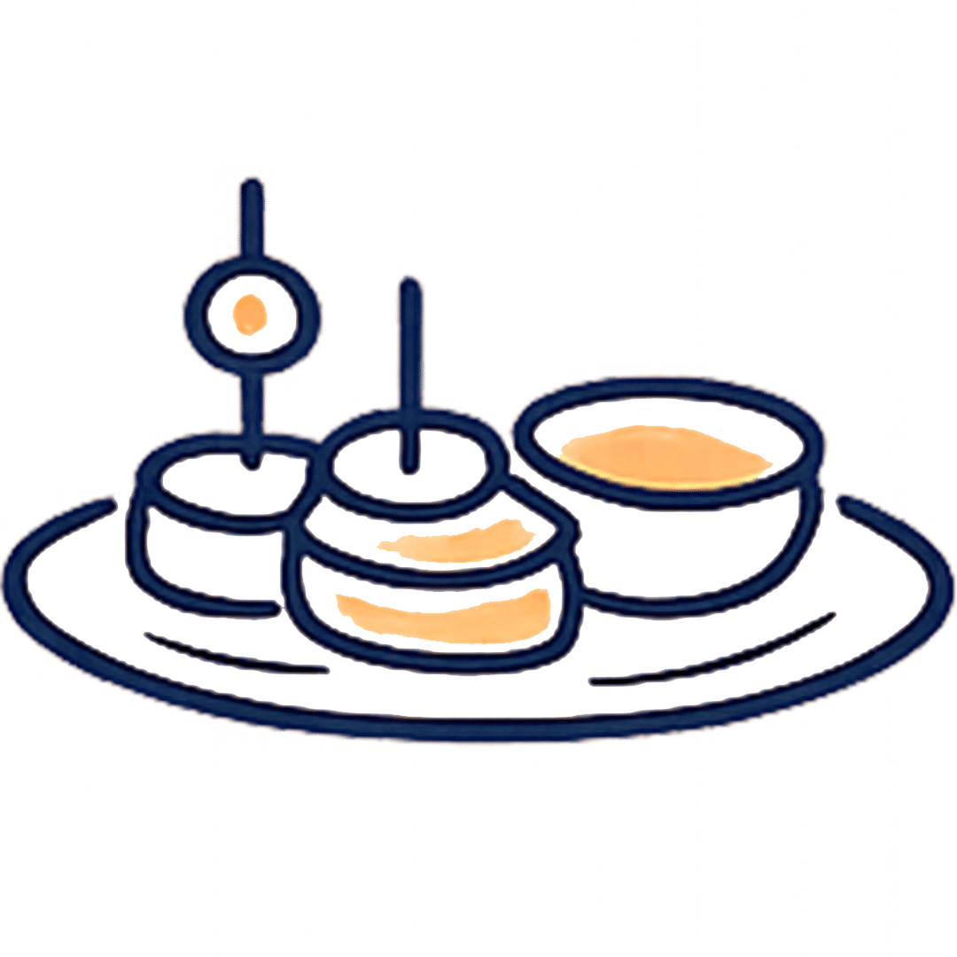 Icono minimalista de raciones variadas sobre plato, con estilo lineal fino azul marino y detalles naranjas.