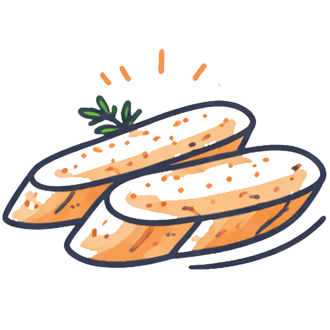 Icono minimalista de tostadas de pan de barra en rodajas, con estilo lineal fino en azul marino y detalles en naranja sobre fondo rosa pastel.